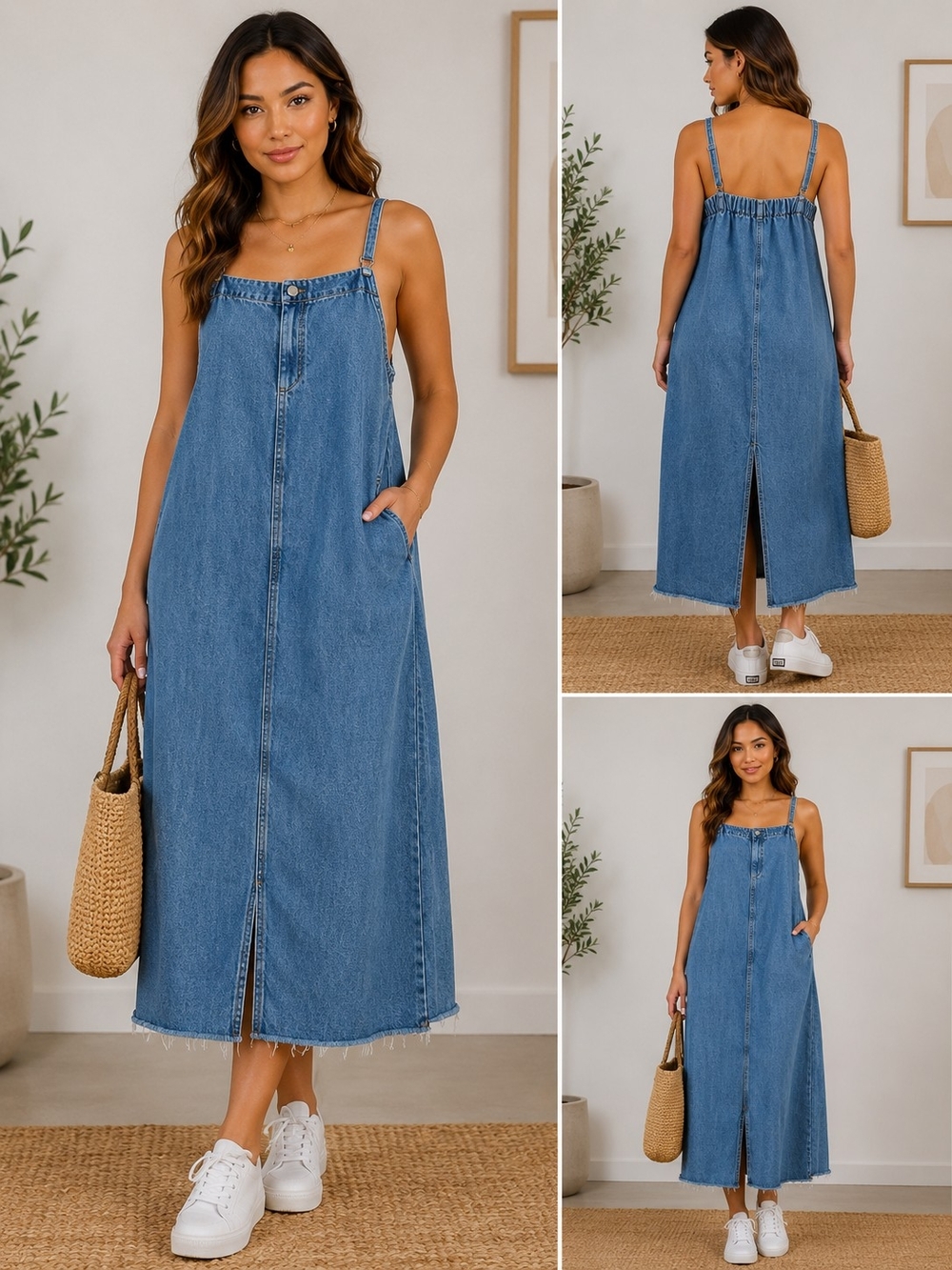 Denim Midi Dress Overalls- Blue Women Jeans